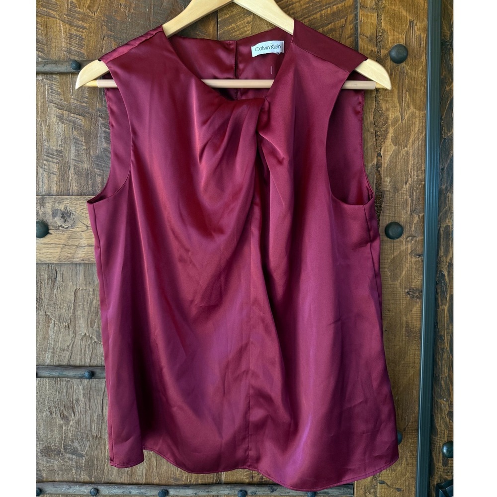 Calvin Klein Womens Burgundy Satin Sleeveless Knot Neck Blouse Top size Med